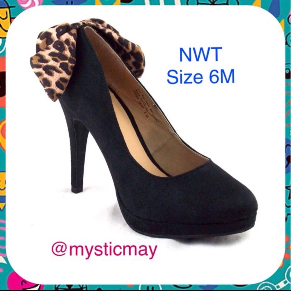 Womens NEW in Box Black Faux Suede LEOPARD BOW PUMPS Platform High Heel Size 6 M